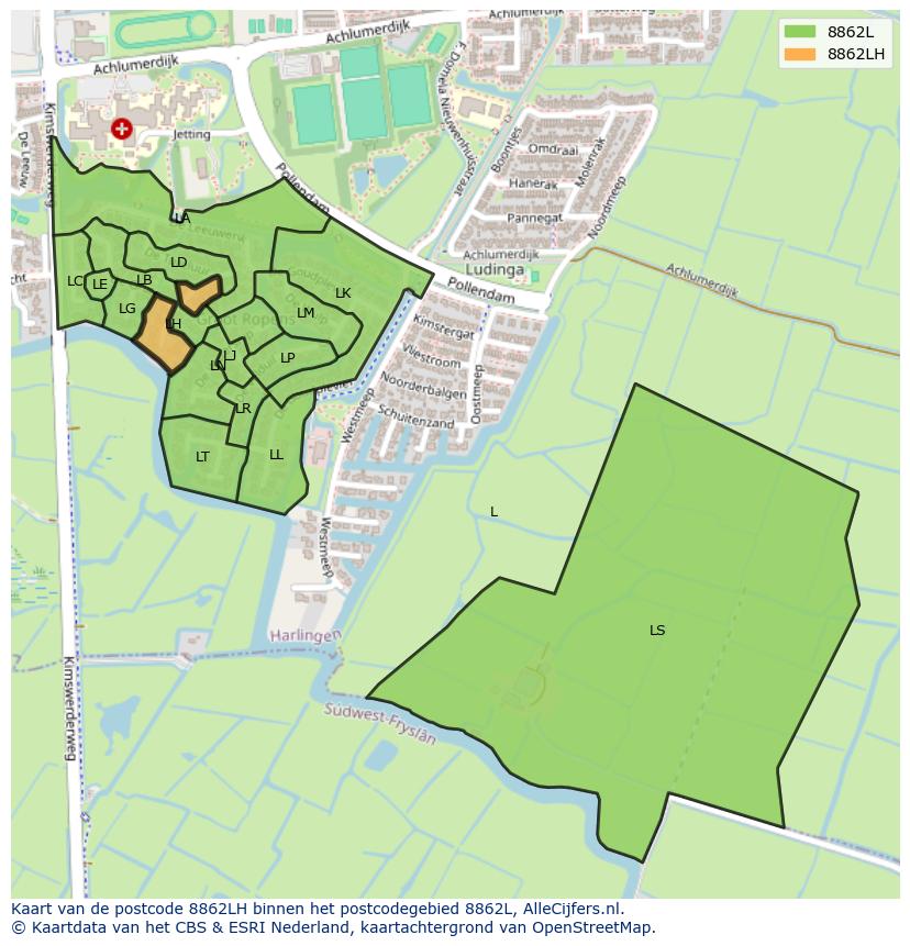Afbeelding van het postcodegebied 8862 LH op de kaart.
