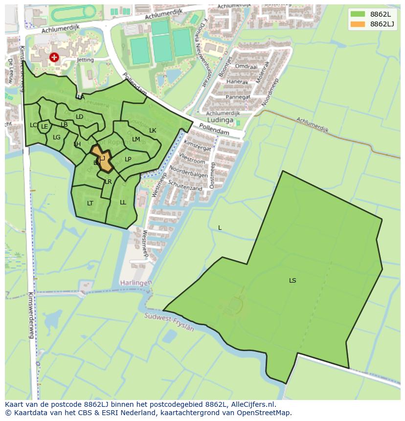 Afbeelding van het postcodegebied 8862 LJ op de kaart.