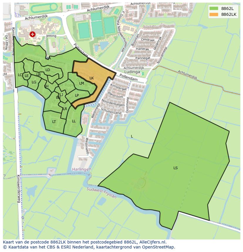 Afbeelding van het postcodegebied 8862 LK op de kaart.