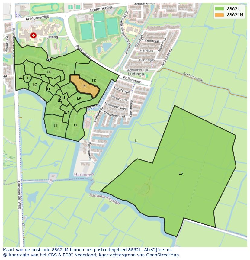 Afbeelding van het postcodegebied 8862 LM op de kaart.