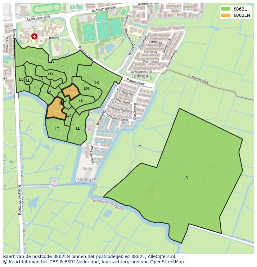 Afbeelding van het postcodegebied 8862 LN op de kaart.