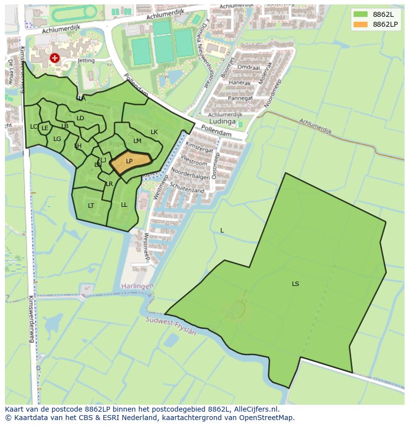 Afbeelding van het postcodegebied 8862 LP op de kaart.