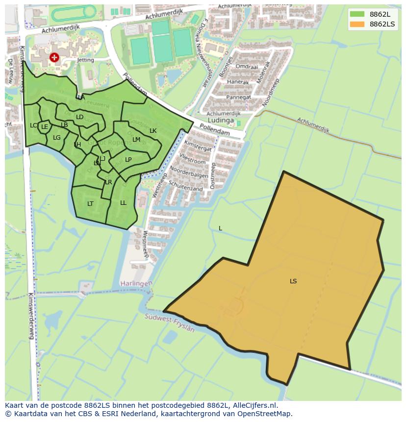 Afbeelding van het postcodegebied 8862 LS op de kaart.