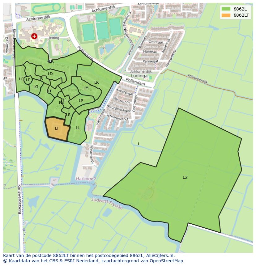 Afbeelding van het postcodegebied 8862 LT op de kaart.
