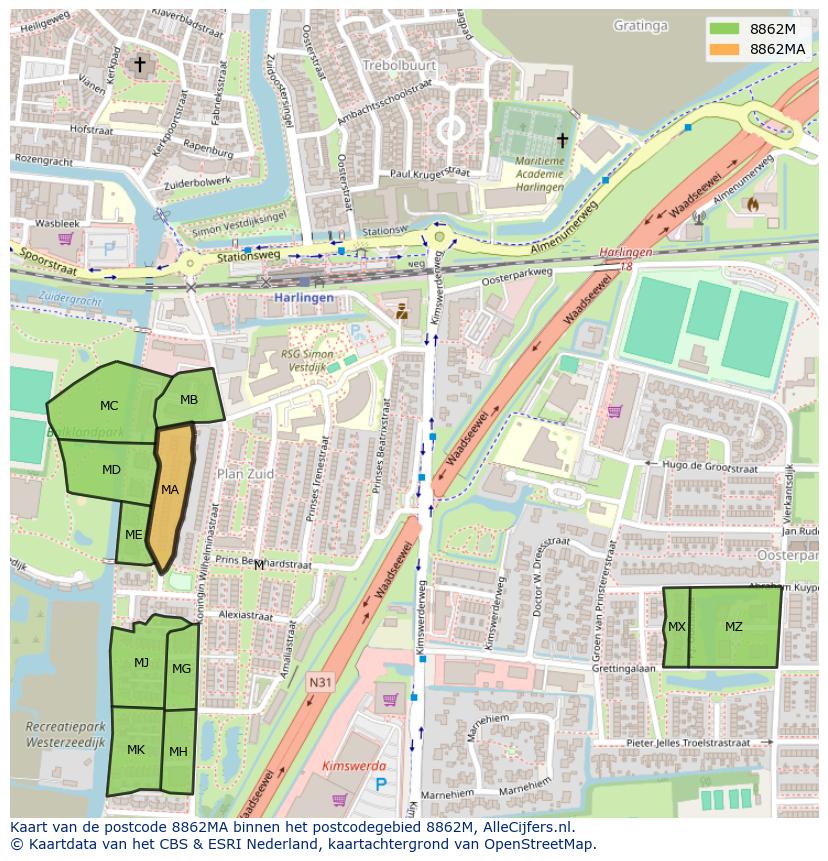 Afbeelding van het postcodegebied 8862 MA op de kaart.