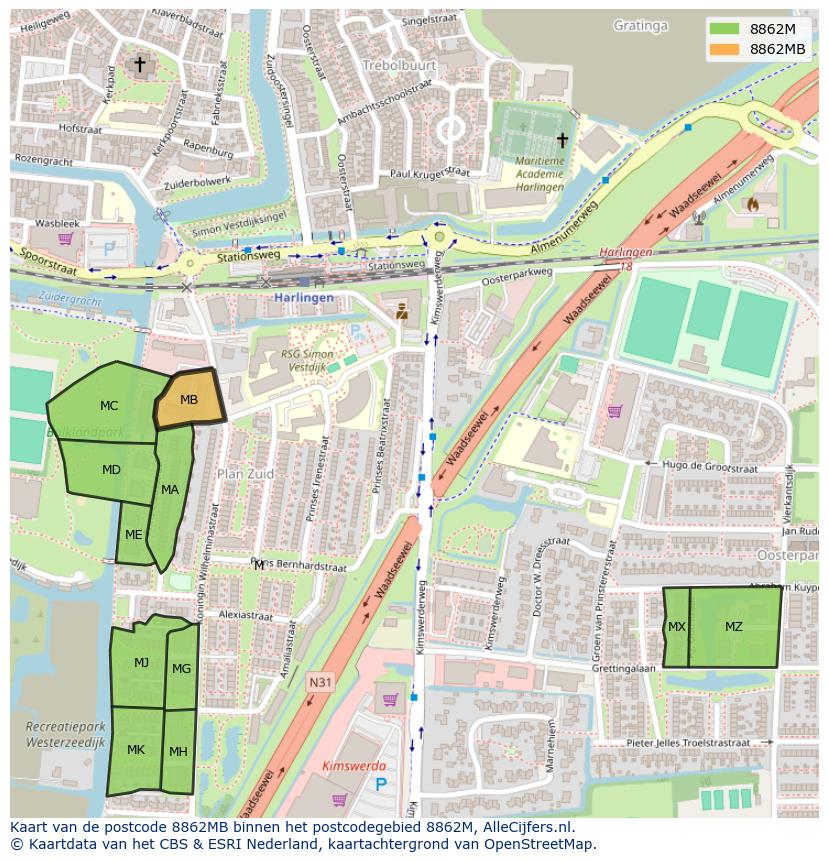 Afbeelding van het postcodegebied 8862 MB op de kaart.