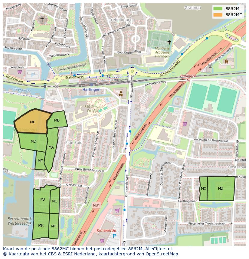 Afbeelding van het postcodegebied 8862 MC op de kaart.