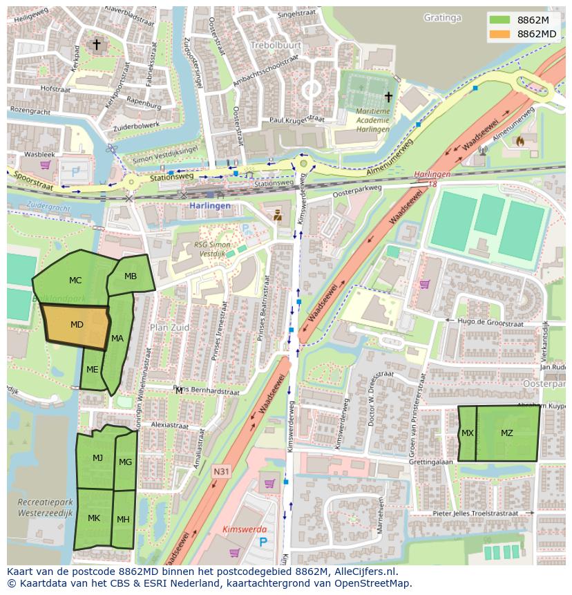 Afbeelding van het postcodegebied 8862 MD op de kaart.
