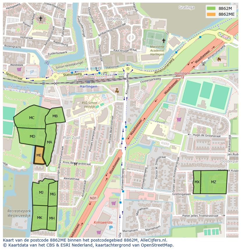 Afbeelding van het postcodegebied 8862 ME op de kaart.