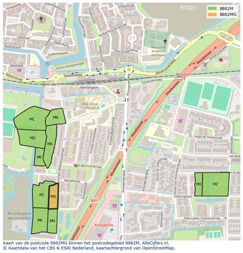 Afbeelding van het postcodegebied 8862 MG op de kaart.