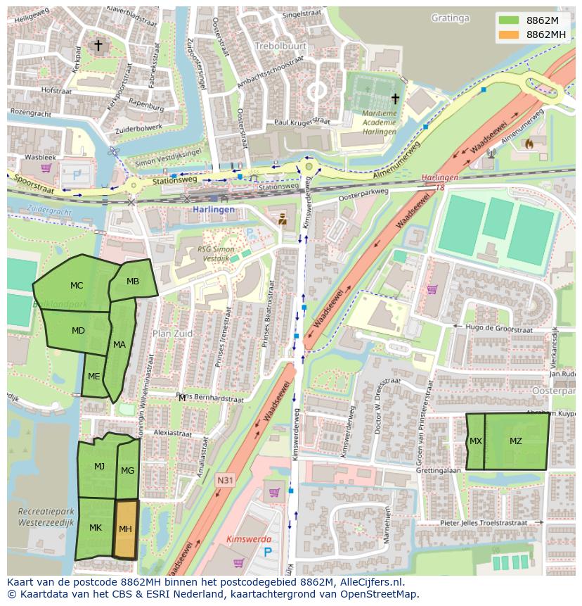 Afbeelding van het postcodegebied 8862 MH op de kaart.