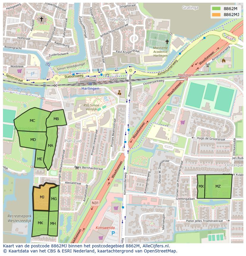 Afbeelding van het postcodegebied 8862 MJ op de kaart.