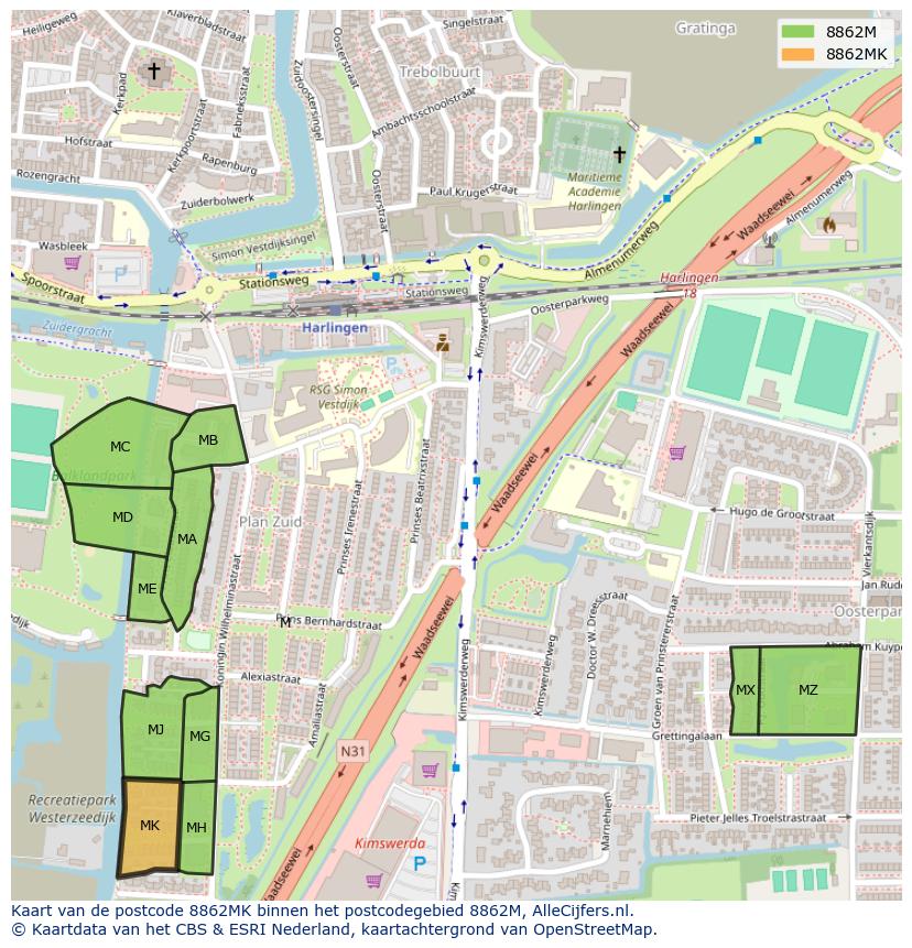 Afbeelding van het postcodegebied 8862 MK op de kaart.