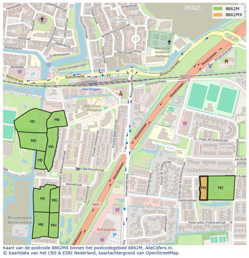 Afbeelding van het postcodegebied 8862 MX op de kaart.