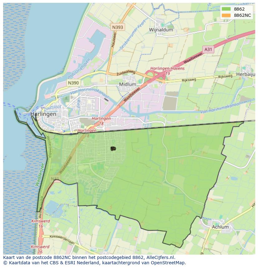 Afbeelding van het postcodegebied 8862 NC op de kaart.