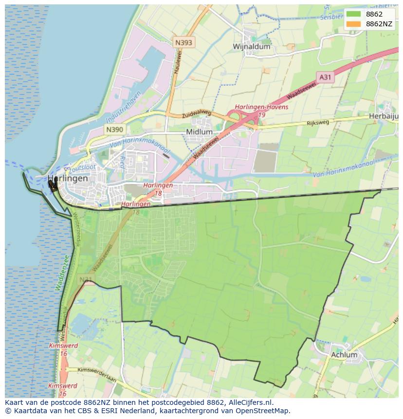 Afbeelding van het postcodegebied 8862 NZ op de kaart.