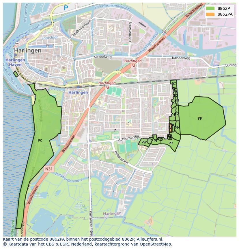 Afbeelding van het postcodegebied 8862 PA op de kaart.