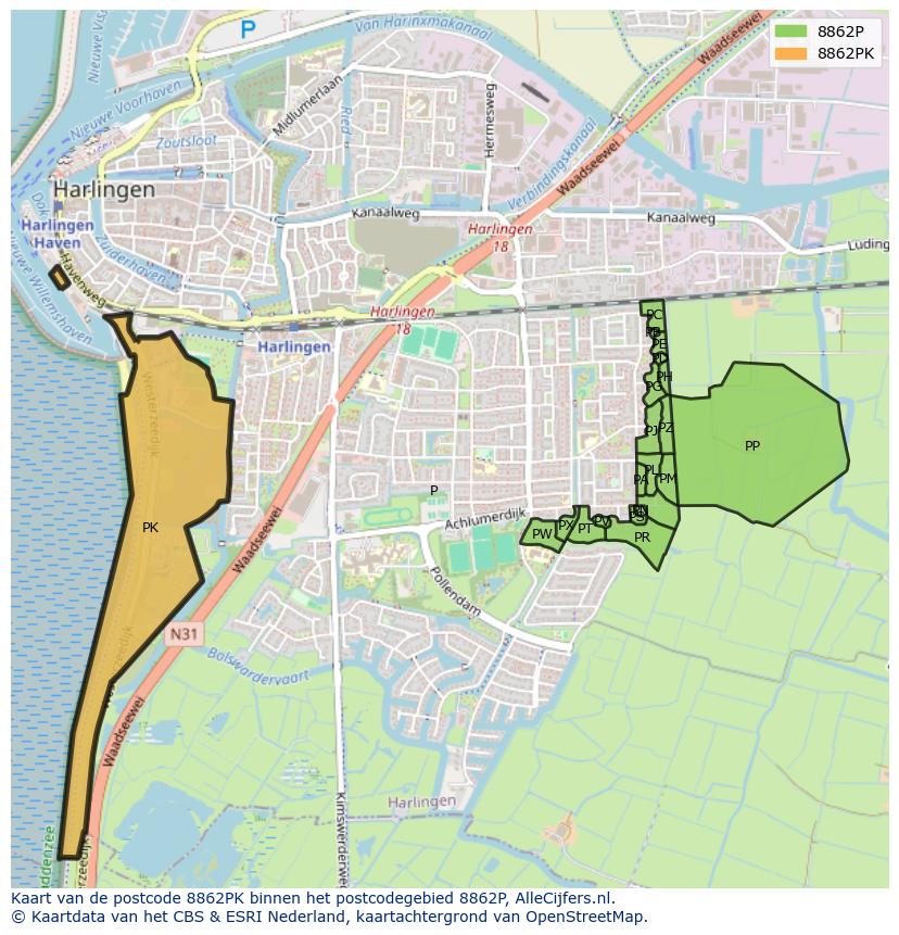 Afbeelding van het postcodegebied 8862 PK op de kaart.