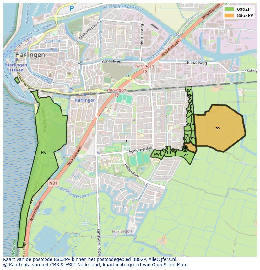 Afbeelding van het postcodegebied 8862 PP op de kaart.