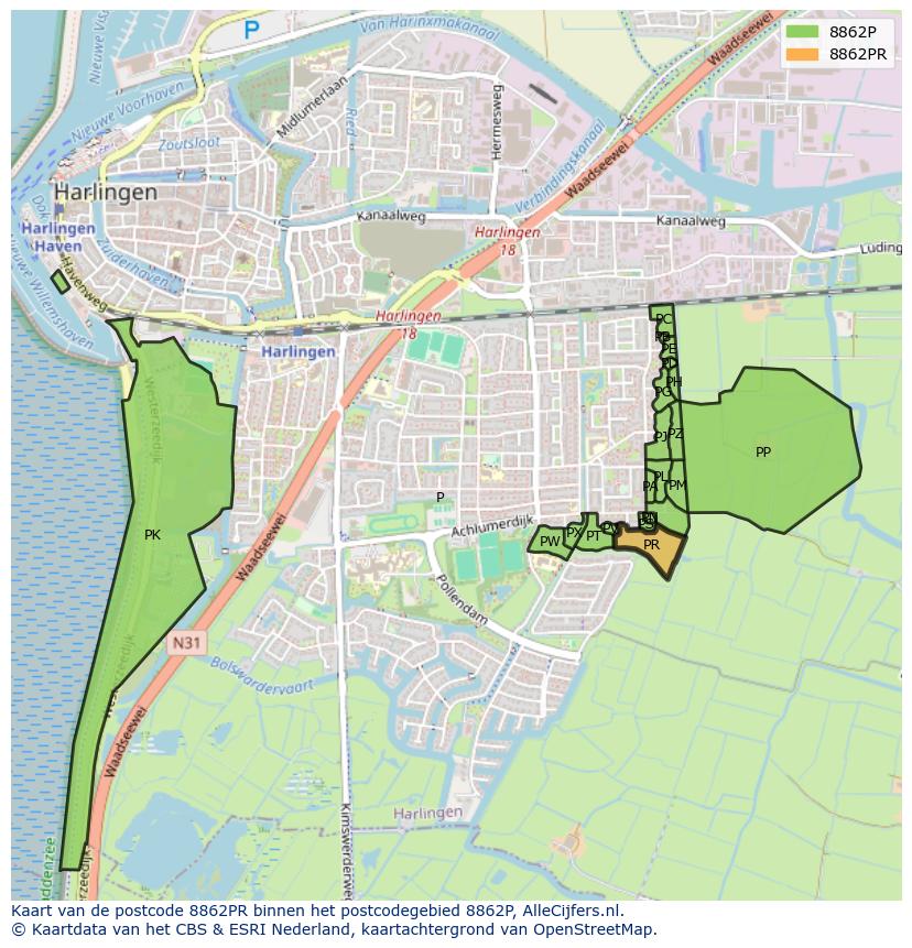 Afbeelding van het postcodegebied 8862 PR op de kaart.