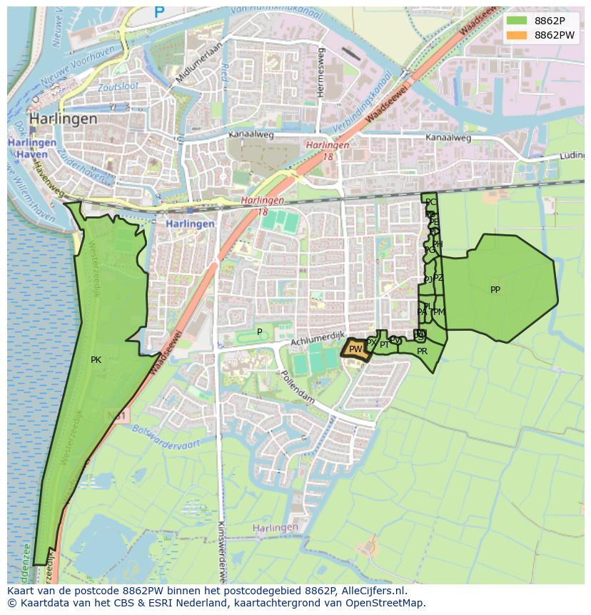 Afbeelding van het postcodegebied 8862 PW op de kaart.