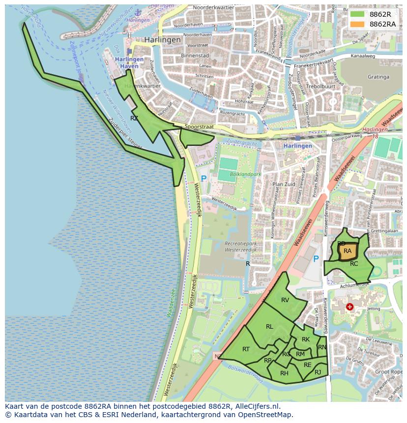 Afbeelding van het postcodegebied 8862 RA op de kaart.