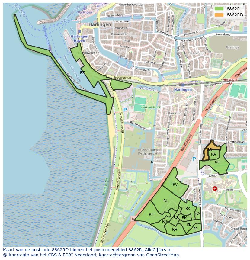 Afbeelding van het postcodegebied 8862 RD op de kaart.