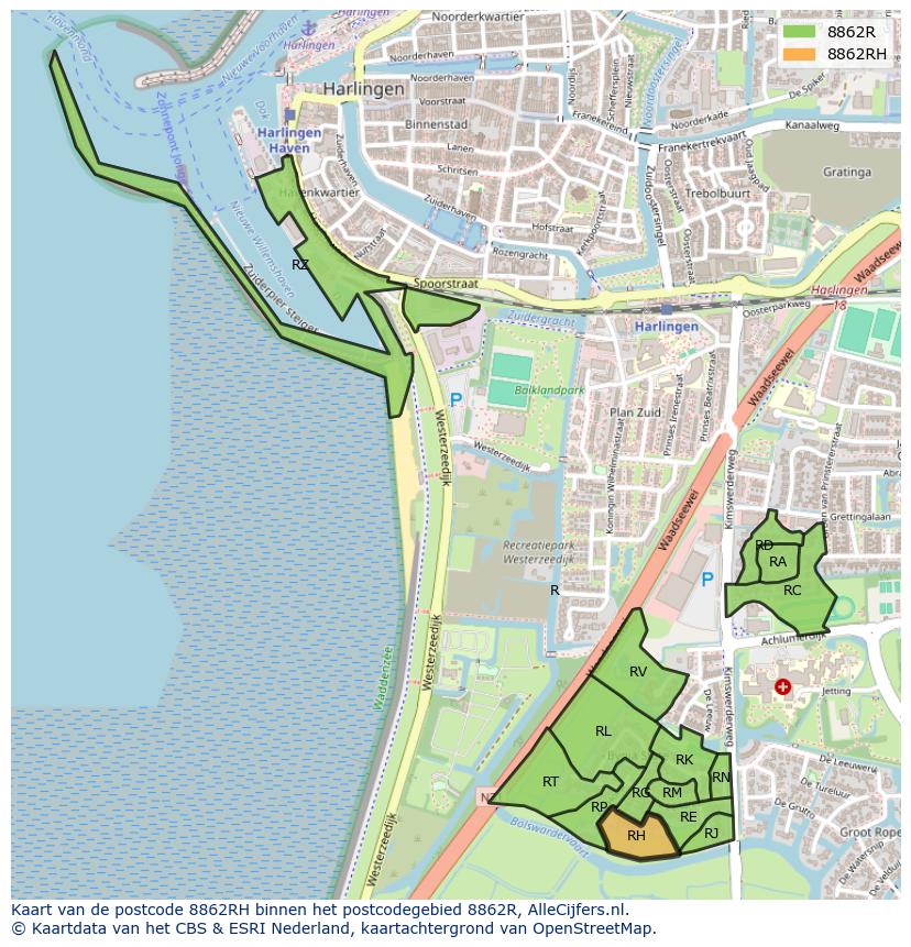 Afbeelding van het postcodegebied 8862 RH op de kaart.