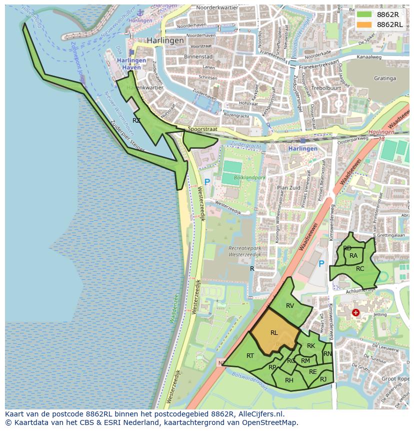 Afbeelding van het postcodegebied 8862 RL op de kaart.