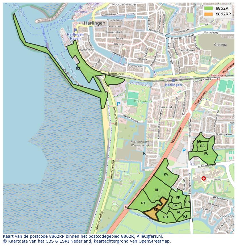 Afbeelding van het postcodegebied 8862 RP op de kaart.