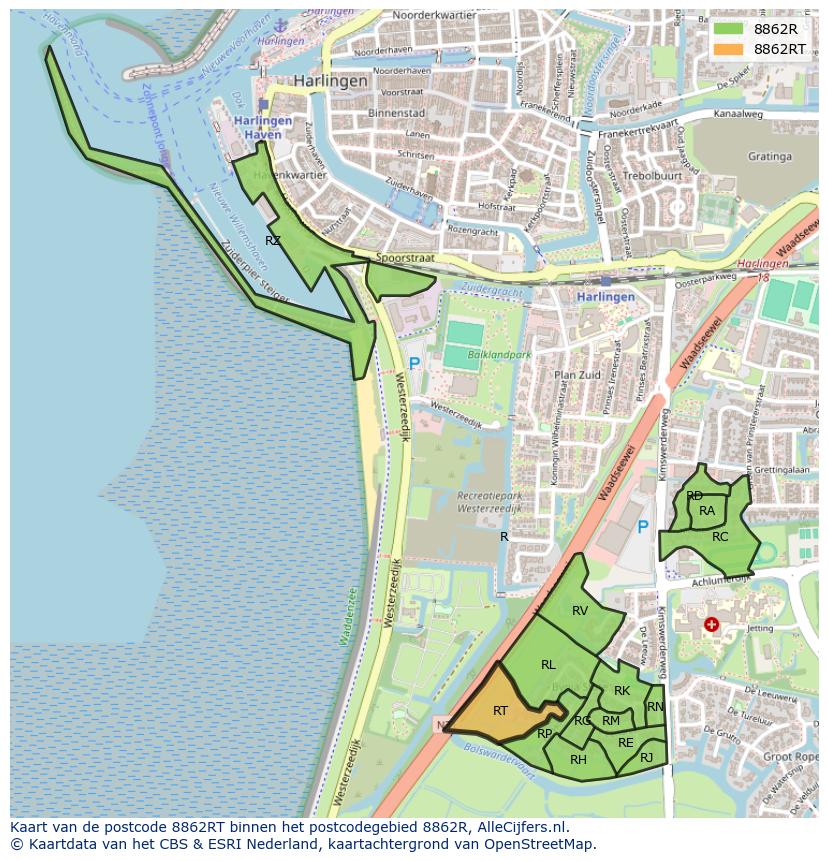 Afbeelding van het postcodegebied 8862 RT op de kaart.