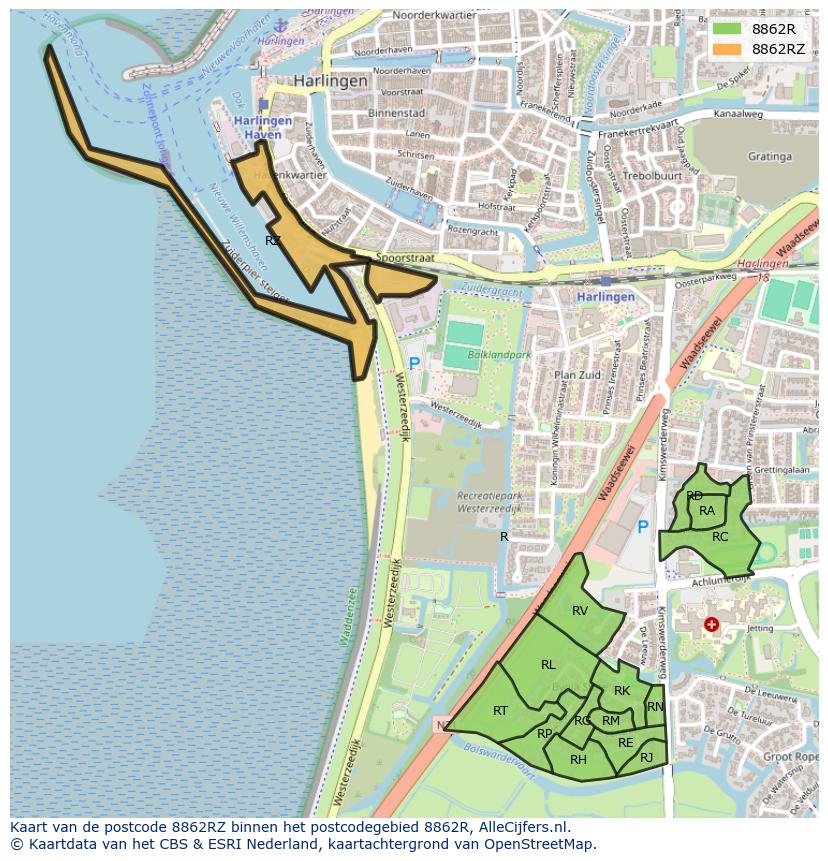 Afbeelding van het postcodegebied 8862 RZ op de kaart.