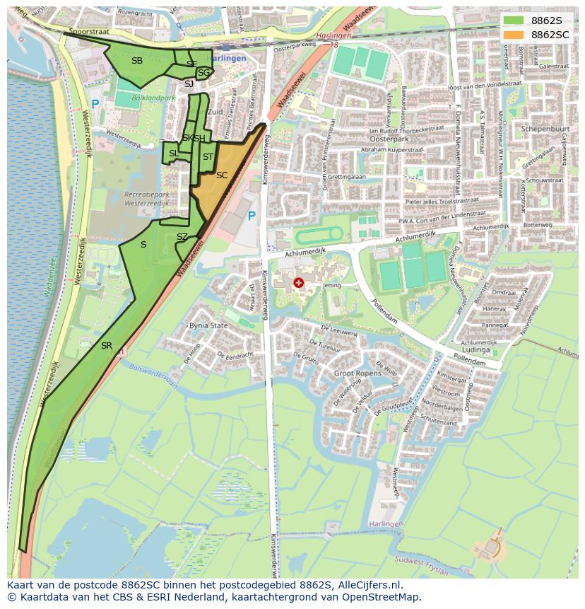 Afbeelding van het postcodegebied 8862 SC op de kaart.