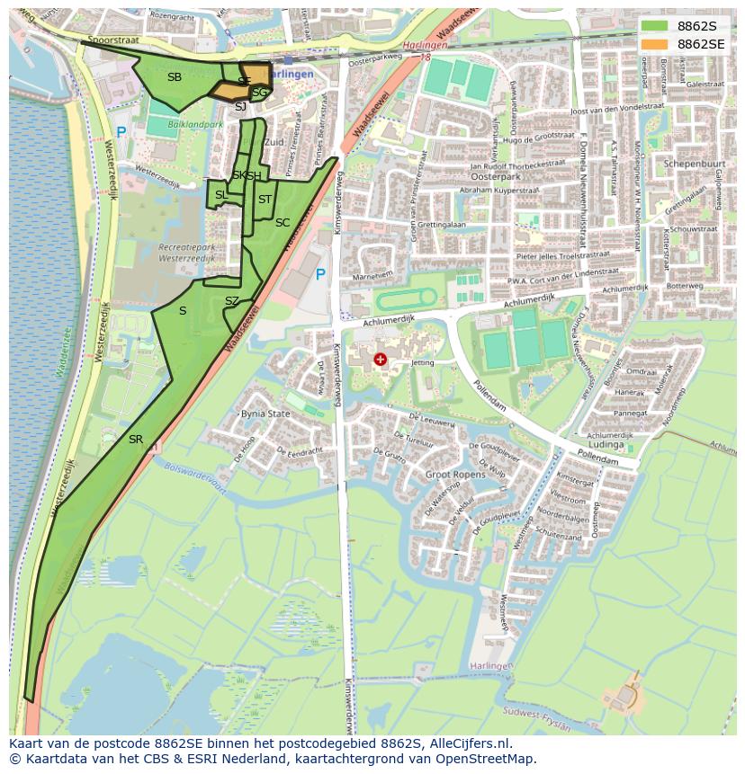 Afbeelding van het postcodegebied 8862 SE op de kaart.