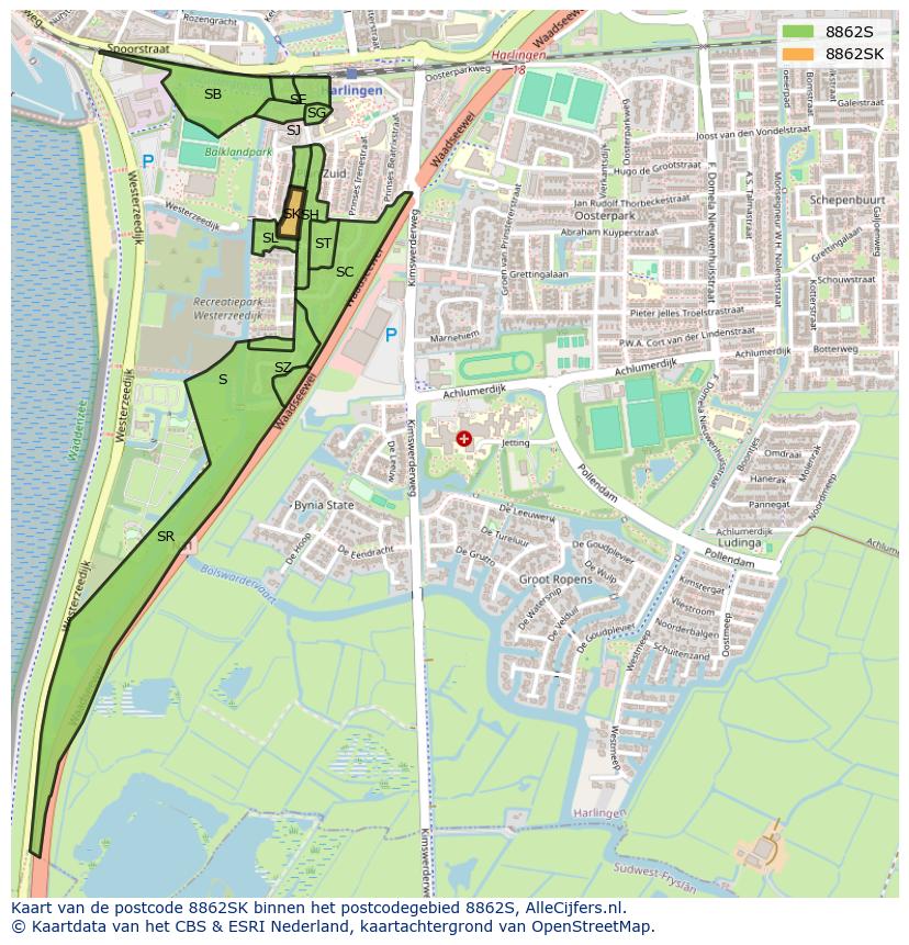 Afbeelding van het postcodegebied 8862 SK op de kaart.