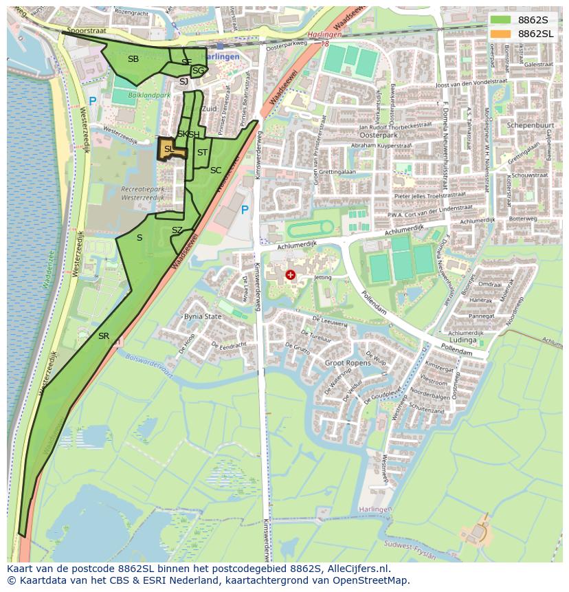 Afbeelding van het postcodegebied 8862 SL op de kaart.