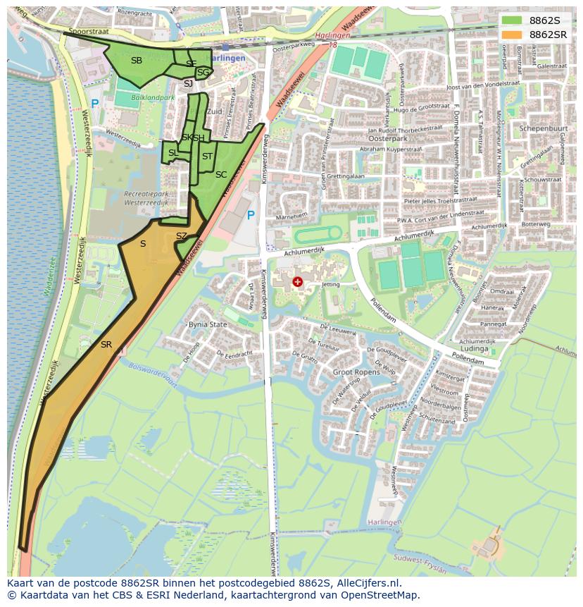 Afbeelding van het postcodegebied 8862 SR op de kaart.