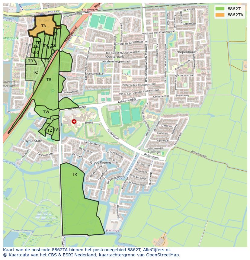 Afbeelding van het postcodegebied 8862 TA op de kaart.