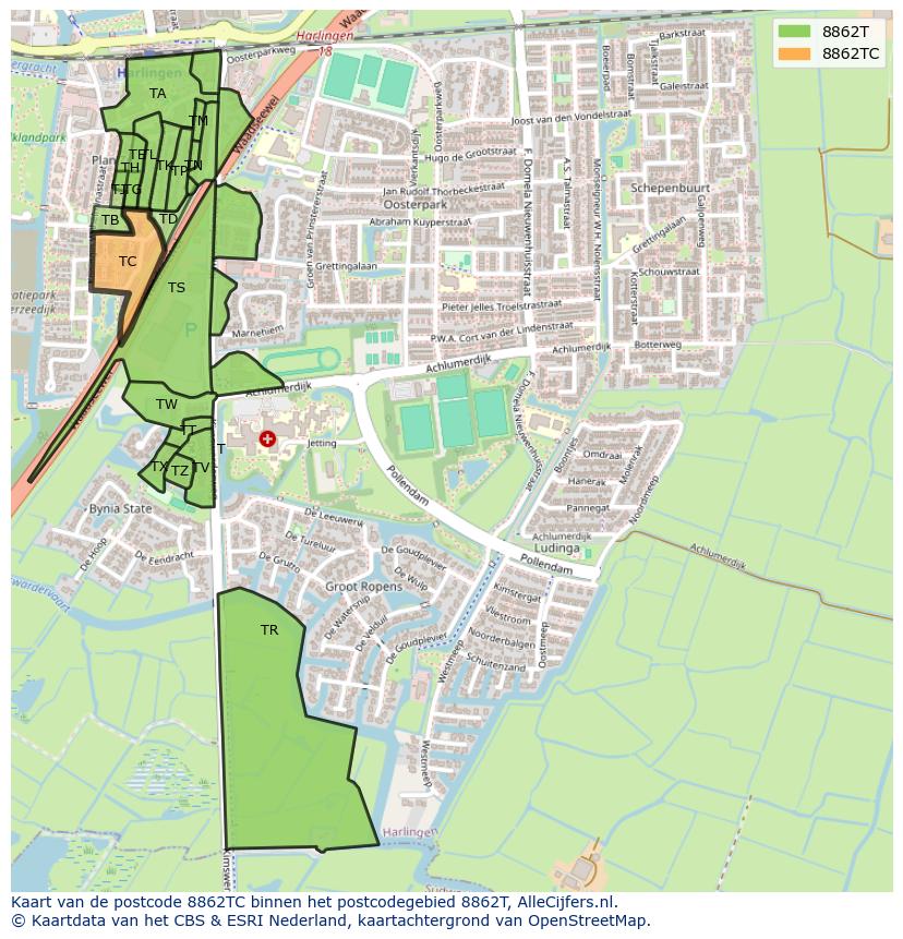 Afbeelding van het postcodegebied 8862 TC op de kaart.