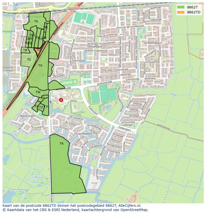 Afbeelding van het postcodegebied 8862 TD op de kaart.
