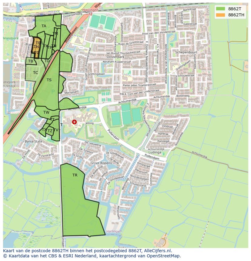 Afbeelding van het postcodegebied 8862 TH op de kaart.