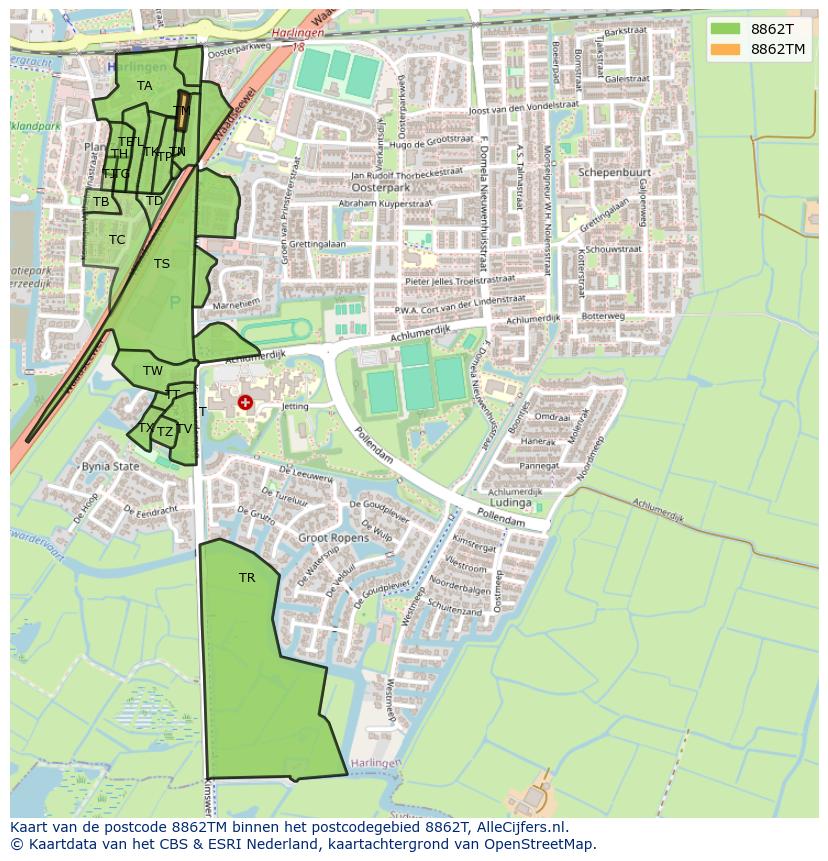 Afbeelding van het postcodegebied 8862 TM op de kaart.