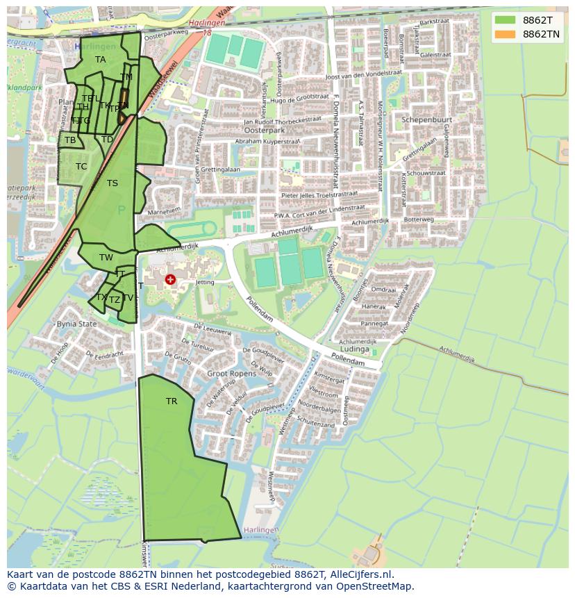 Afbeelding van het postcodegebied 8862 TN op de kaart.