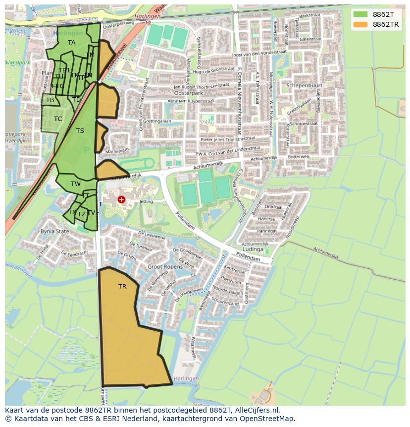 Afbeelding van het postcodegebied 8862 TR op de kaart.