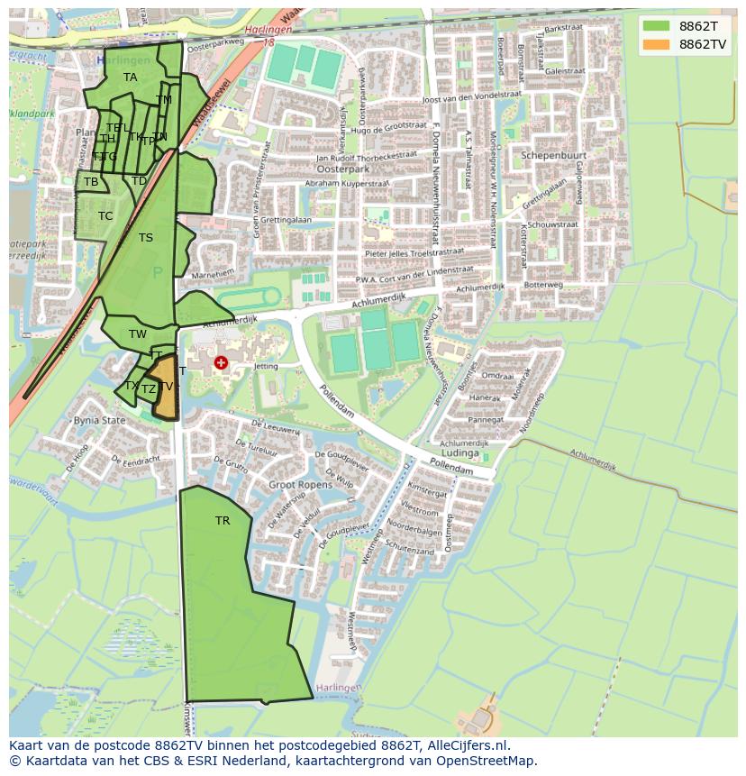 Afbeelding van het postcodegebied 8862 TV op de kaart.