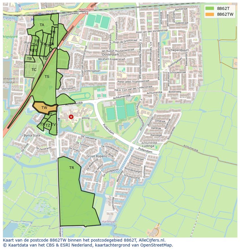 Afbeelding van het postcodegebied 8862 TW op de kaart.