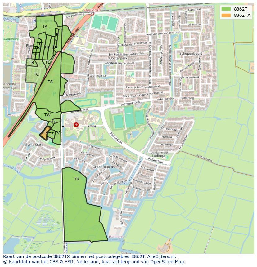Afbeelding van het postcodegebied 8862 TX op de kaart.