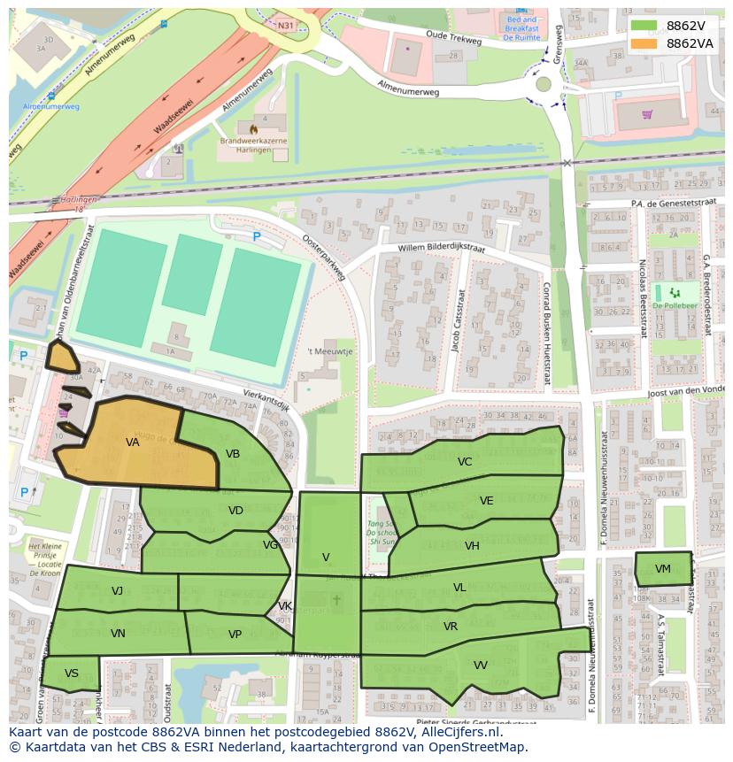 Afbeelding van het postcodegebied 8862 VA op de kaart.