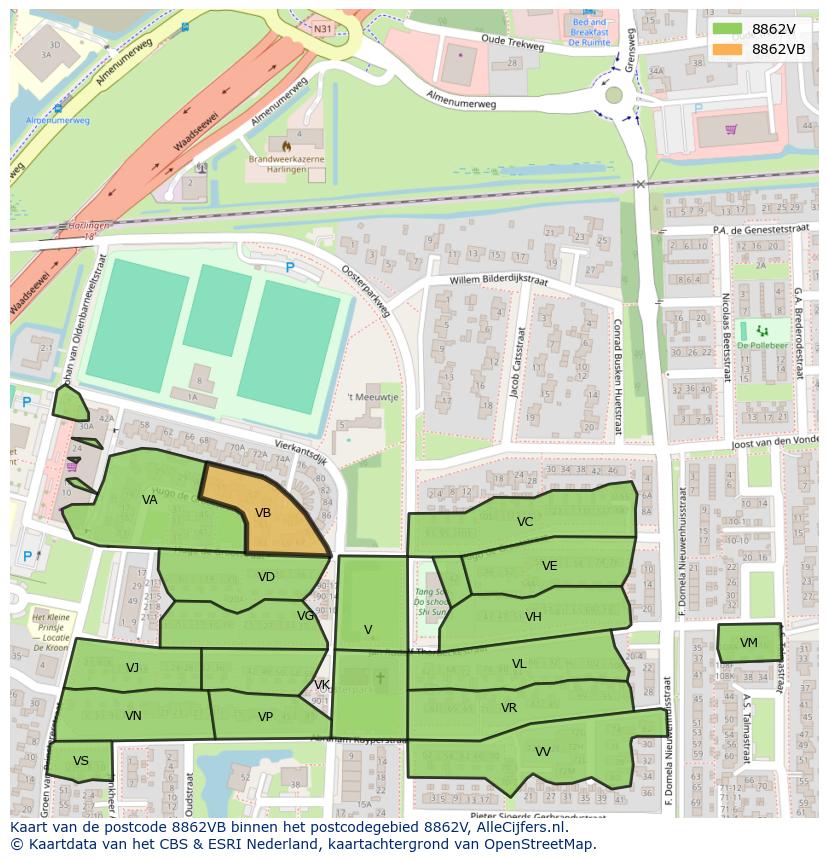 Afbeelding van het postcodegebied 8862 VB op de kaart.