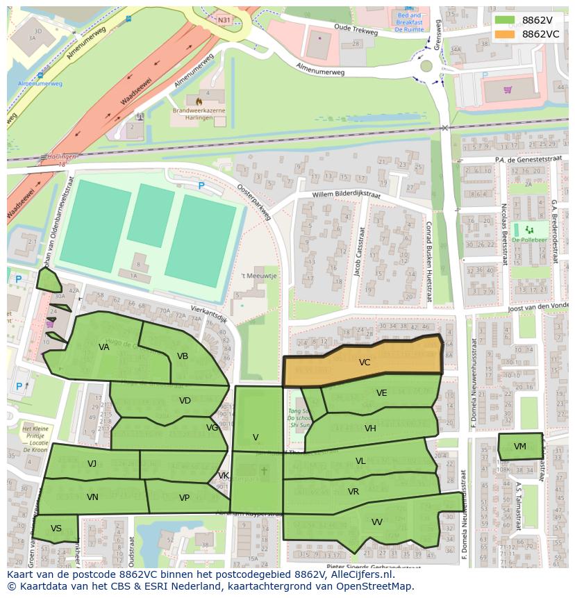 Afbeelding van het postcodegebied 8862 VC op de kaart.